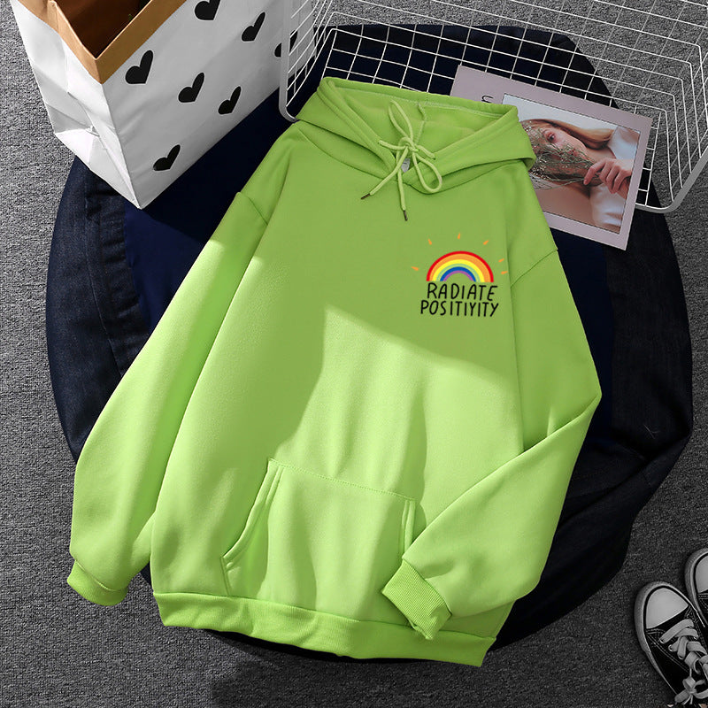 Damen nan lockerer Kapuzenpullover mit Regenbogen-Motiv, weichem Fleecefutter und Kängurutasche EB