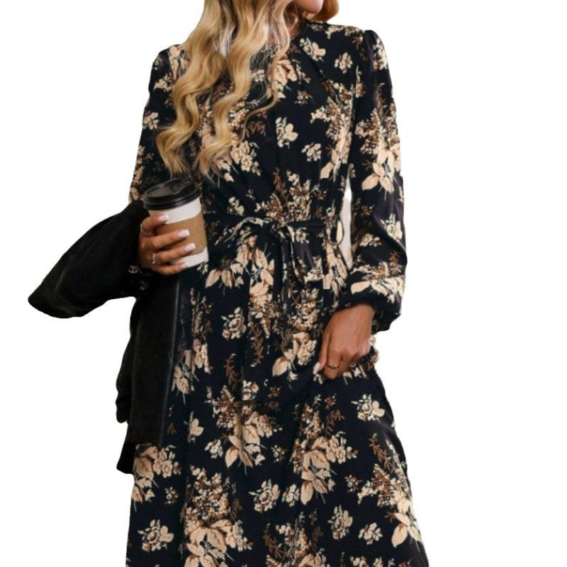Damen Midikleid mit floralen Details und Taillengürtel EB