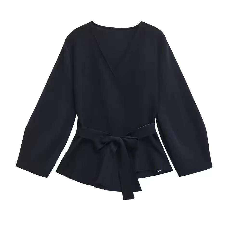 Damen Taillierte Bluse mit Wickelgürtel und Schößchen EB