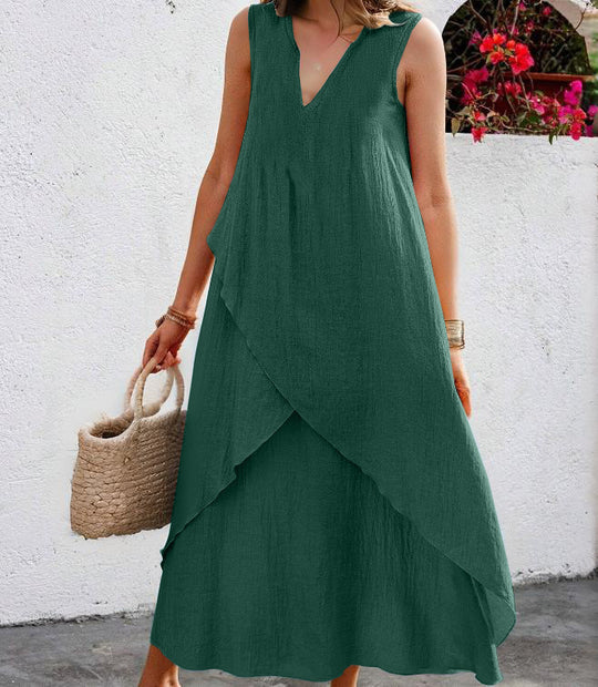 Damen Lässiges Maxikleid mit überlappendem Volant und modernem V-Ausschnitt EB