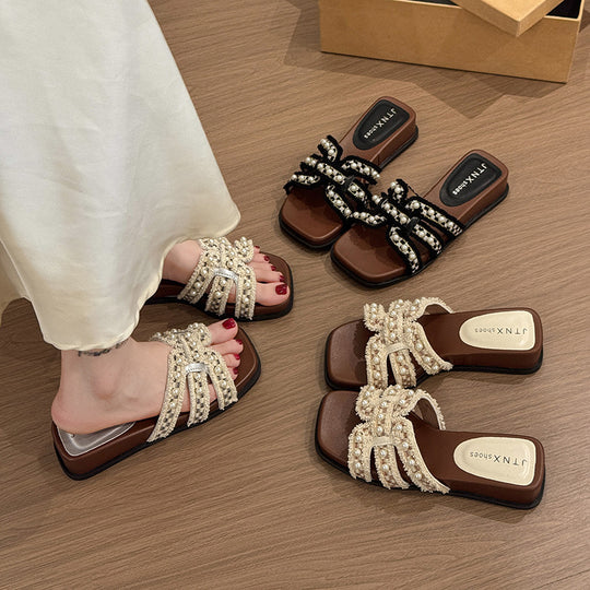Damen Dekorative Sandalen mit eleganten Perlenapplikationen EB