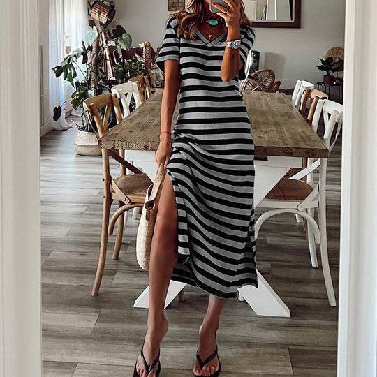 Damen Maxikleid mit tiefem Seitenschlitz und modischem Streifenmuster EB