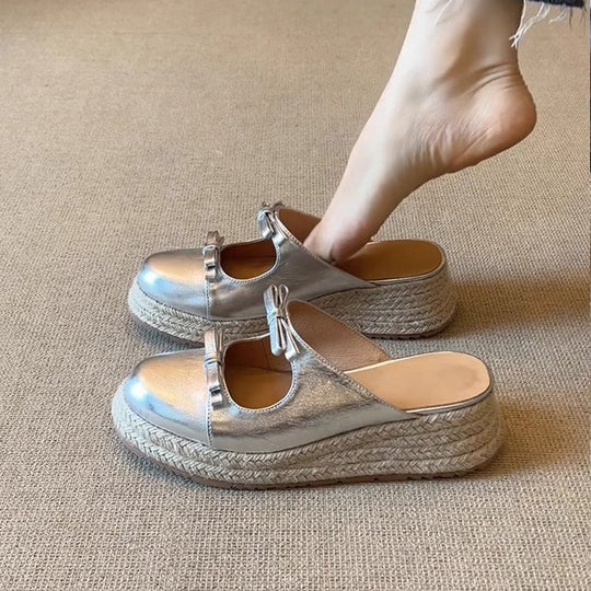 Damen komfortable Espadrilles-Pantoletten mit Schleifen-Applikation EB