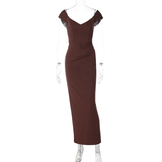 Damen Elegantes Maxikleid mit verführerischem V-Ausschnitt und transparenten Ärmeln EB