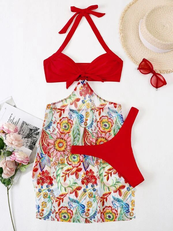 Damen Bikini-Set mit verspieltem Knotendesign und floralem Wickelrock EB