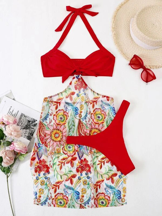 Damen Bikini-Set mit verspieltem Knotendesign und floralem Wickelrock EB