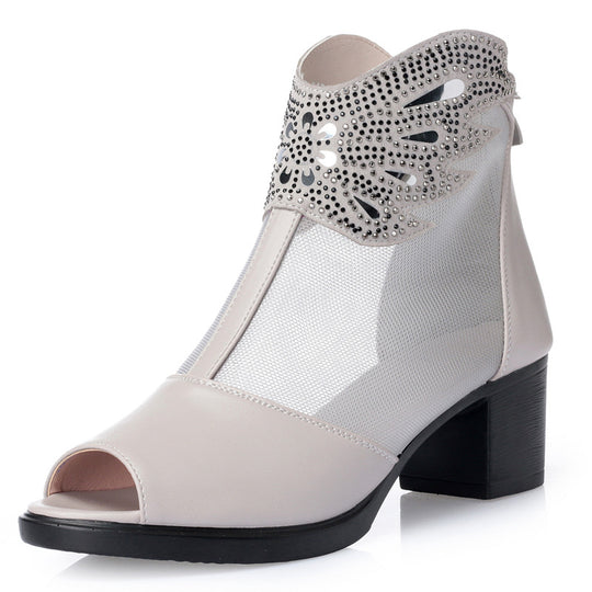 Damen Offene Stiefeletten mit transparentem Mesh-Einsatz und funkelnden Verzierungen EB