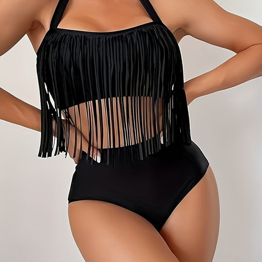 Damen Bikiniset mit fransigem Oberteil und hoch taillierter Hose EB