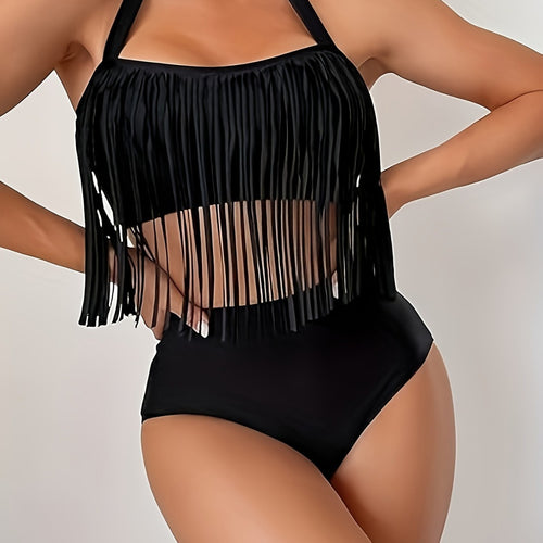Damen Bikiniset mit fransigem Oberteil und hoch taillierter Hose EB