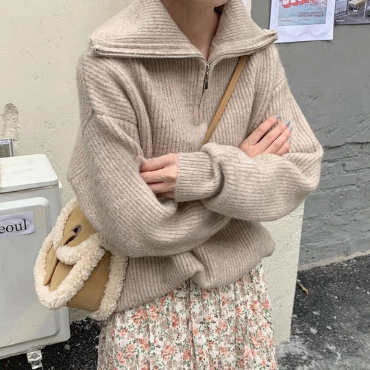 Damen Leichter Strickpullover mit hohem Kragen und Reißverschluss EB