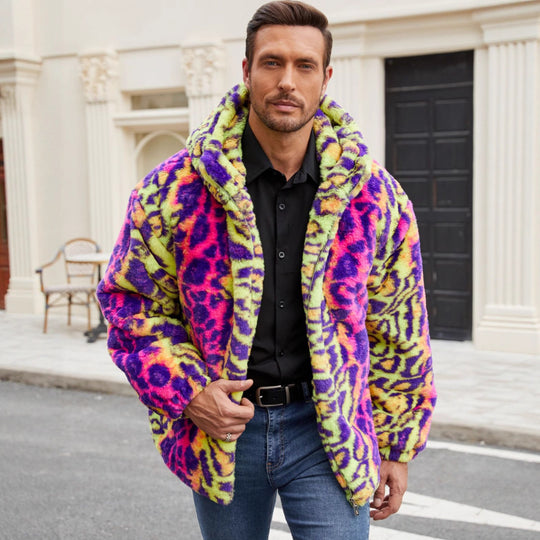 Herren Plüschjacke mit auffälligem Tierprint und Kapuze EB