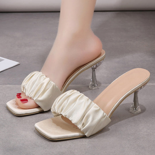 Damen Elegante Slingback Sandalen mit gerafftem Satin-Obermaterial und transparenter Absatz EB