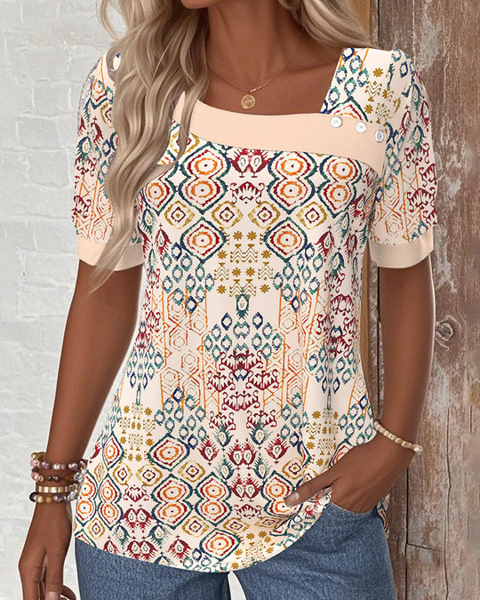 Damen Blusenshirt mit strukturiertem Grafikdesign und eleganten Knopfdetails Heidi-Mode