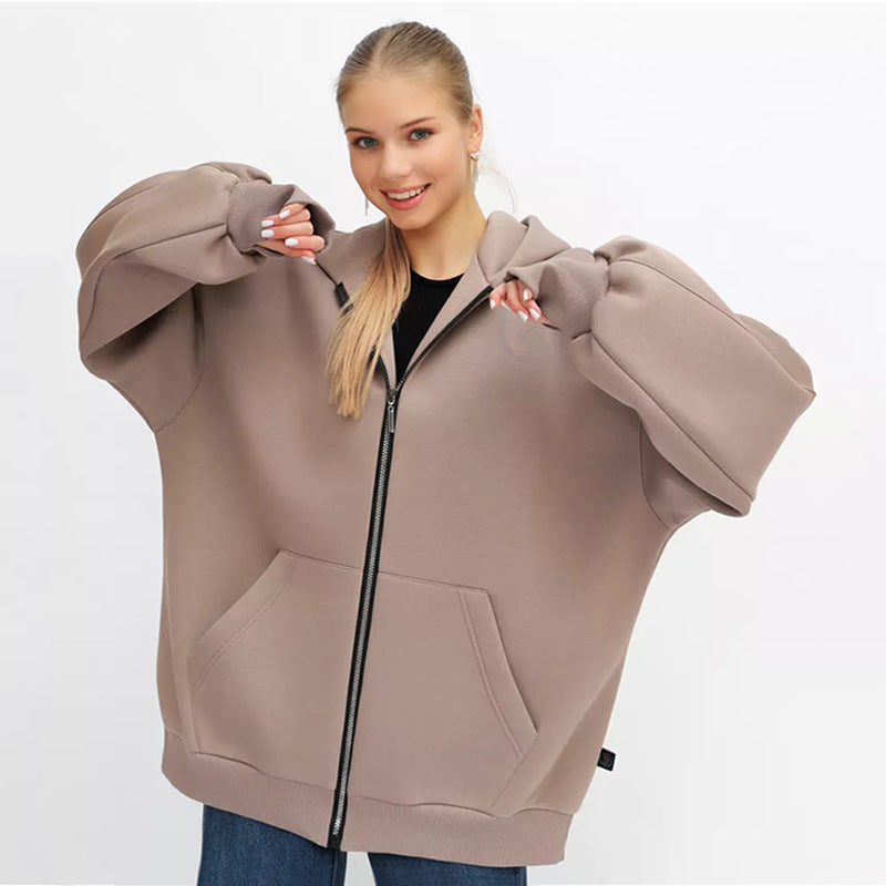 Damen lässiger Oversized Zip-Hoodie mit tiefen Taschen EB