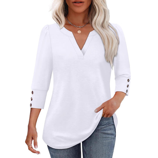 Damen V-Ausschnitt Bluse mit dekorativen Knopfdetails EB