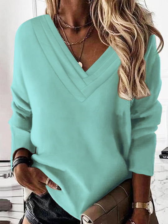 Damen Lässiges V-Ausschnitt Pullover mit eleganten Falten EB