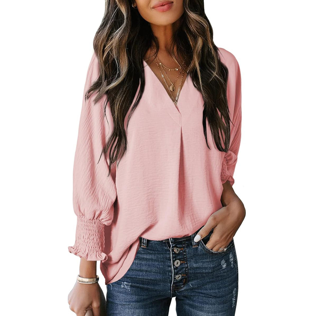 Damen V-Ausschnitt Bluse mit lässigen Ballonärmeln und Rüschendetails EB