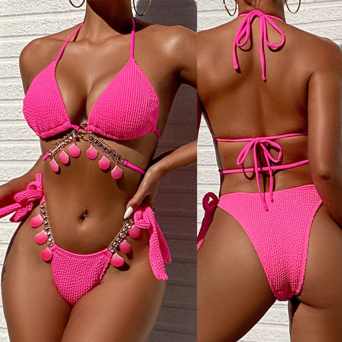 Damen Triangel-Bikini mit verspielten Quasten und glänzenden Details EB