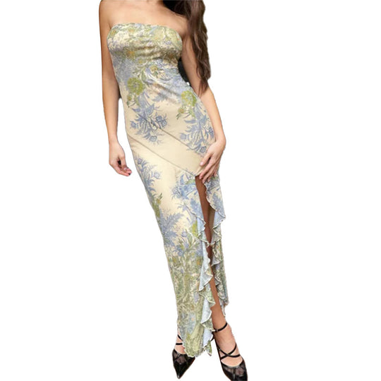 Damen Elegantes Bandeau-Kleid mit floralem Design und hohem Schlitz EB
