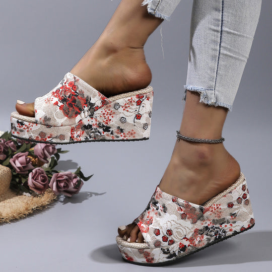 Damen Wedge-Pantoletten mit floralem Print und rutschfester Sohle EB