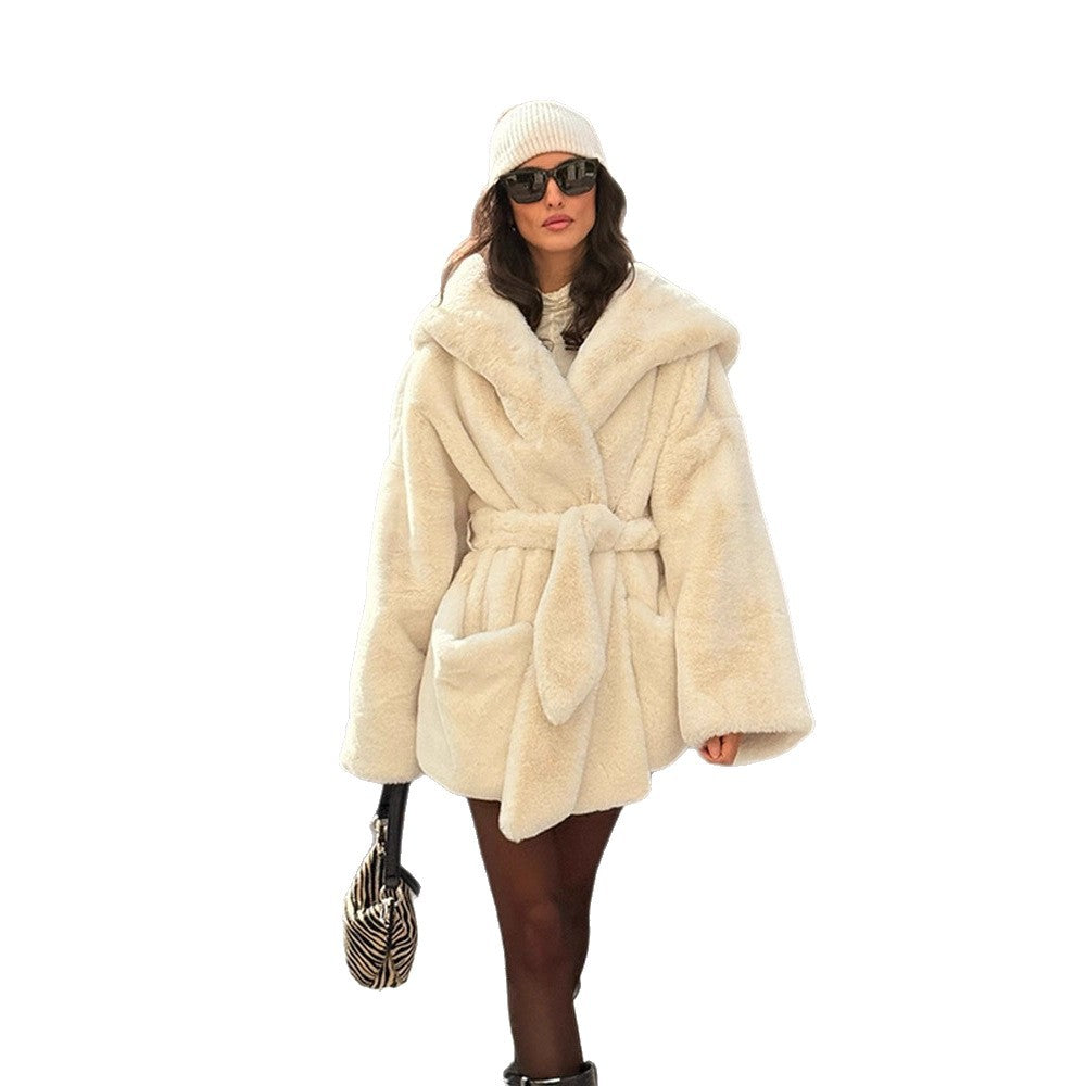 Damen Oversized Kuscheljacke mit Gürtel und hohem Kragen EB