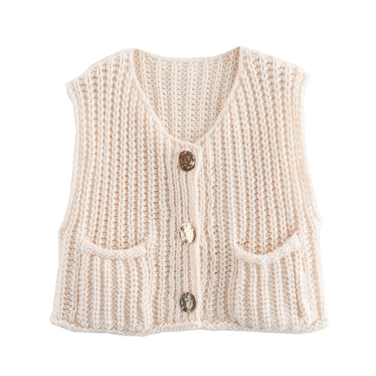 Damen modische Strickweste mit Knopfdetails und aufgesetzten Taschen EB