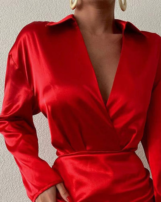 Damen Elegantes Wickelkleid mit langem Arm und verstellbarem Saum EB
