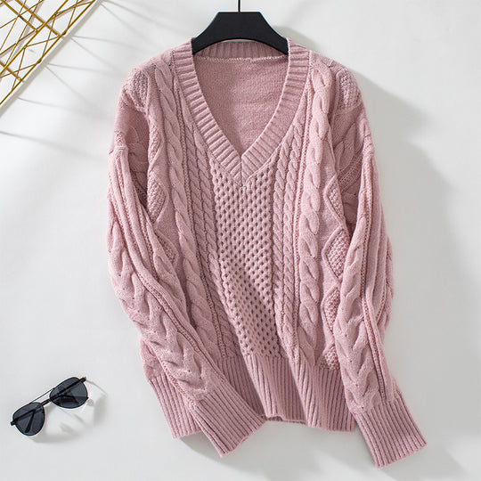 Damen modischer Strickpullover mit tiefem V-Ausschnitt und Zopfmuster EB