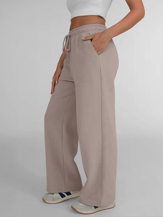Damen nan weite Loungehose mit hohem Elastikbund, verstellbarem Kordelzug und fließender Palazzosilhouette EB