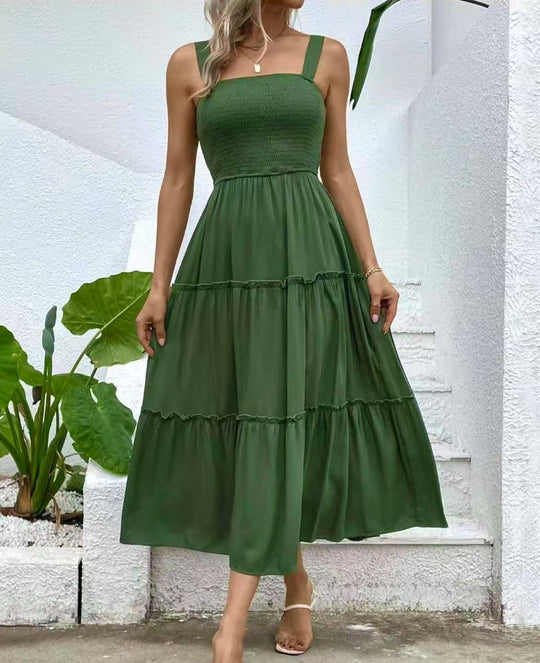 Damen Maxikleid mit elastischem Bustier und fließendem Rock EB