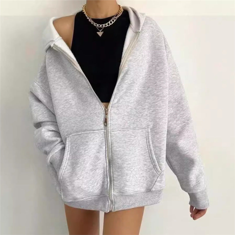 Damen nan oversized Zip-Hoodie mit French-Terry Fleece, Kängurutaschen und verlängerten Ärmelbündchen EB