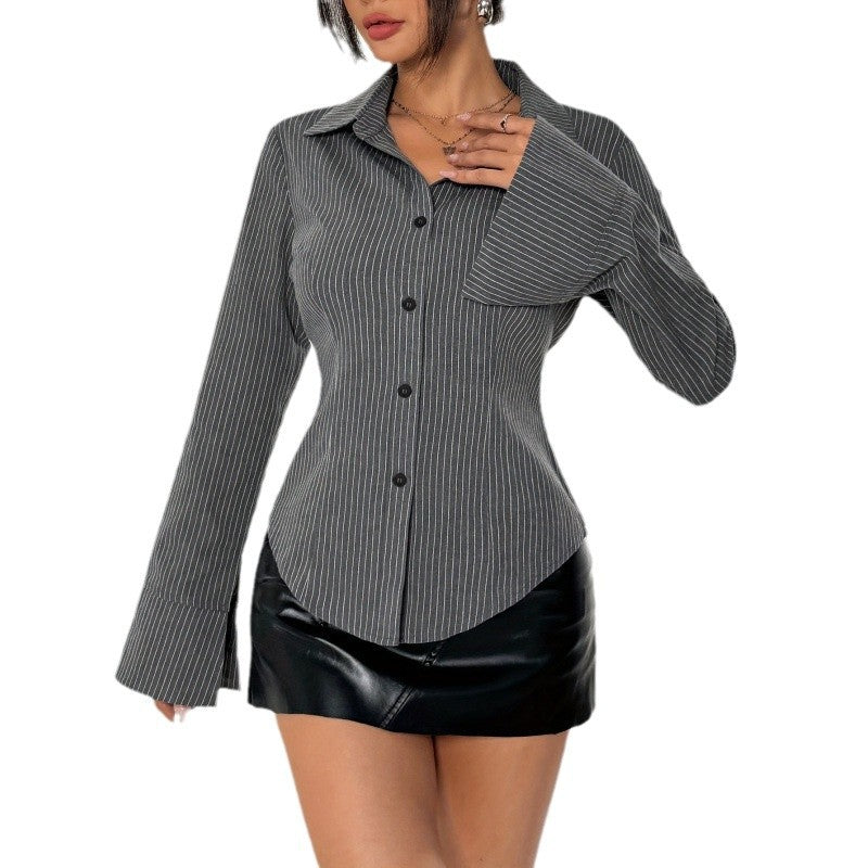 Damen Elegante Hemdbluse mit gestreiftem Design und weit ausgestellten Ärmeln EB