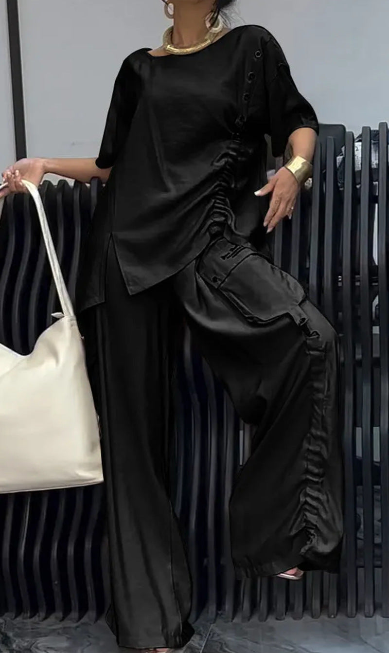 Damen nan lässiges zweiteiliges Ensemble mit geraffter Oversize-Bluse und Cargo-Palazzohose EB