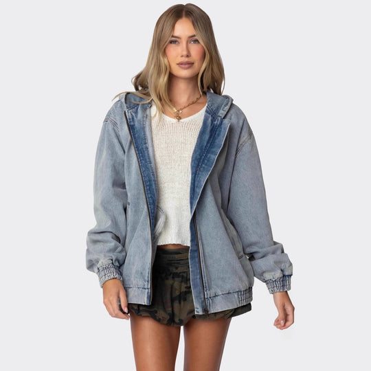 Damen Oversized Denimjacke mit Kapuze und elastischen Bündchen EB