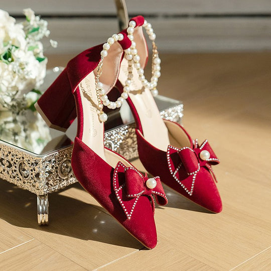Damen elegante Pumps mit Perlenschleifen und Blockabsatz EB