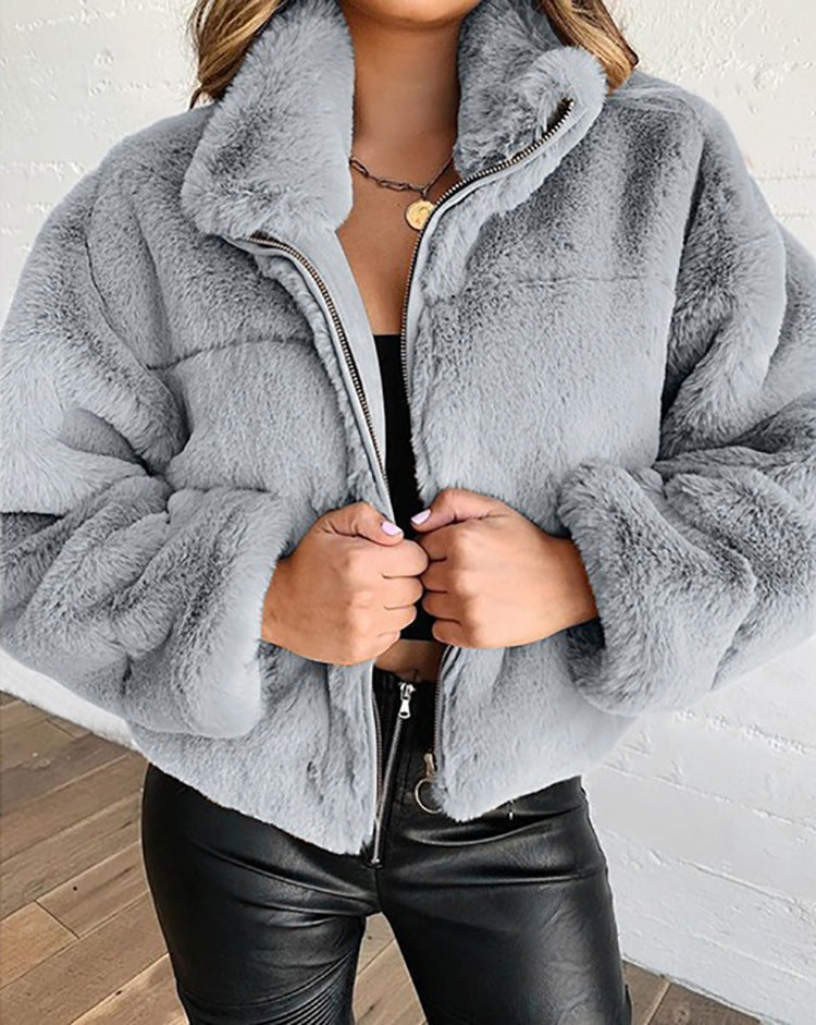 Damen Flauschige Trendjacke mit hohem Kragen EB