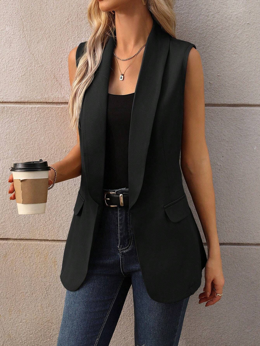 Damen ärmellose Blazerjacke mit schickem Revers EB
