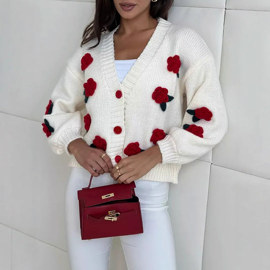 Damen Strickjacke mit floralen Applikationen und voluminösen Ärmeln EB