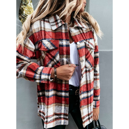 Damen Oversized Karo-Hemdjacke mit Druckknöpfen und aufgesetzten Brusttaschen EB