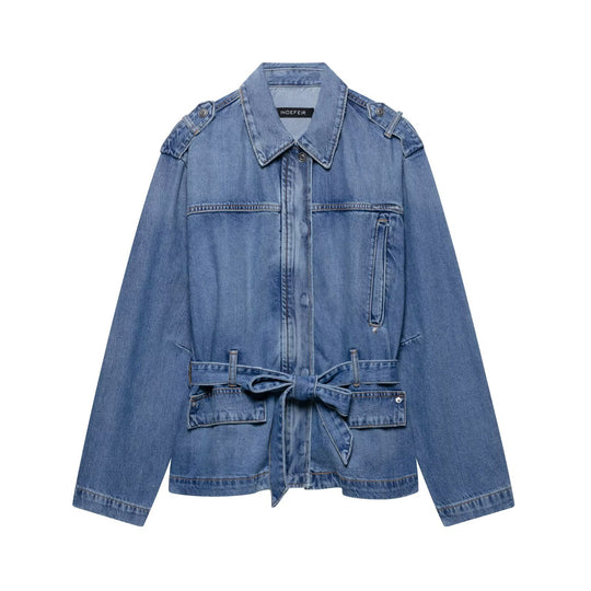 Damen elegante Denimjacke mit taillierbarem Kordelzug EB