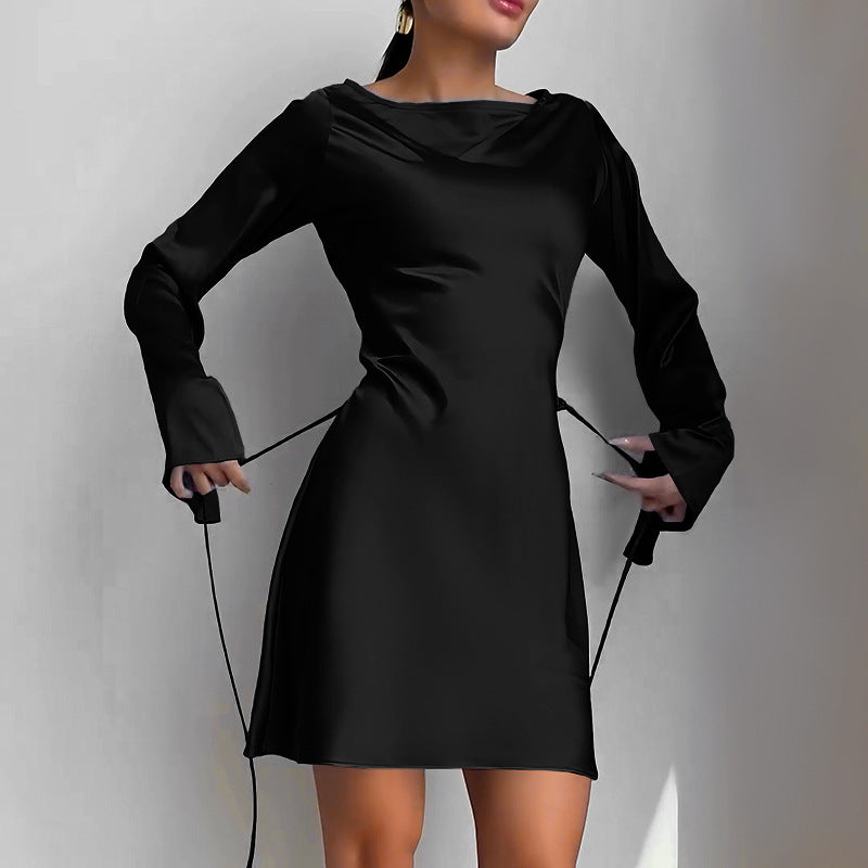 Damen Elegantes Wickelkleid mit glattem Stoff und weit geschnittenen Ärmeln EB