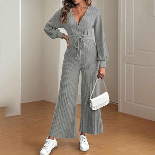 Damen legerer Strick-Jumpsuit mit weitem Bein und Taillengürtel EB