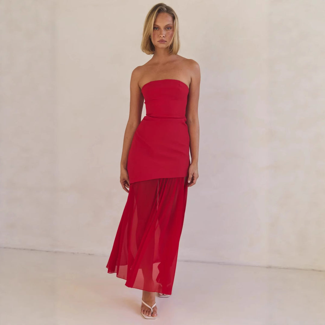 Damen Elegantes Bandeau-Maxi-Kleid mit fließendem Chiffon-Rock und figurbetontem Oberteil EB
