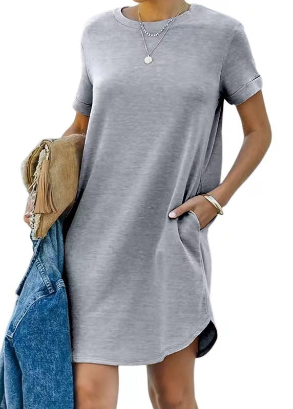 Damen lässiges Freizeitkleid mit Taschen und Rundhalsausschnitt EB