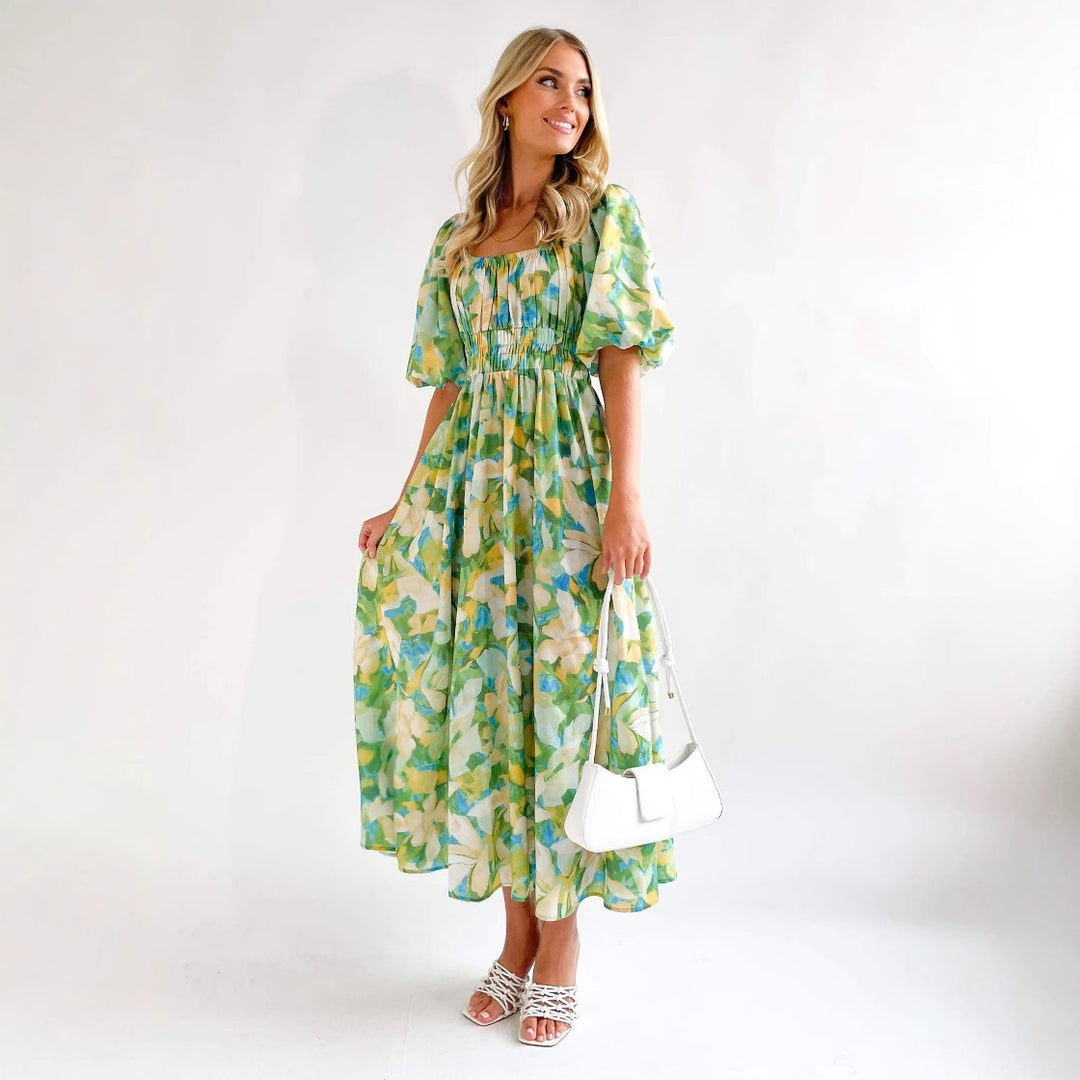 Damen Maxikleid mit luftigen Puffärmeln und floralem Design EB