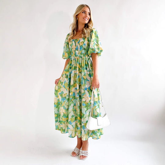 Damen Maxikleid mit luftigen Puffärmeln und floralem Design EB