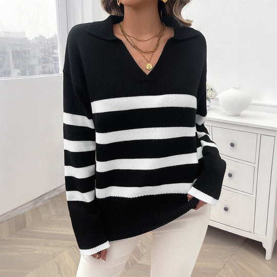 Damen nan lässiger V‑Ausschnitt Strickpullover mit Polokragen, gerippten Ärmelsäumen und markanten Blockstreifen EB