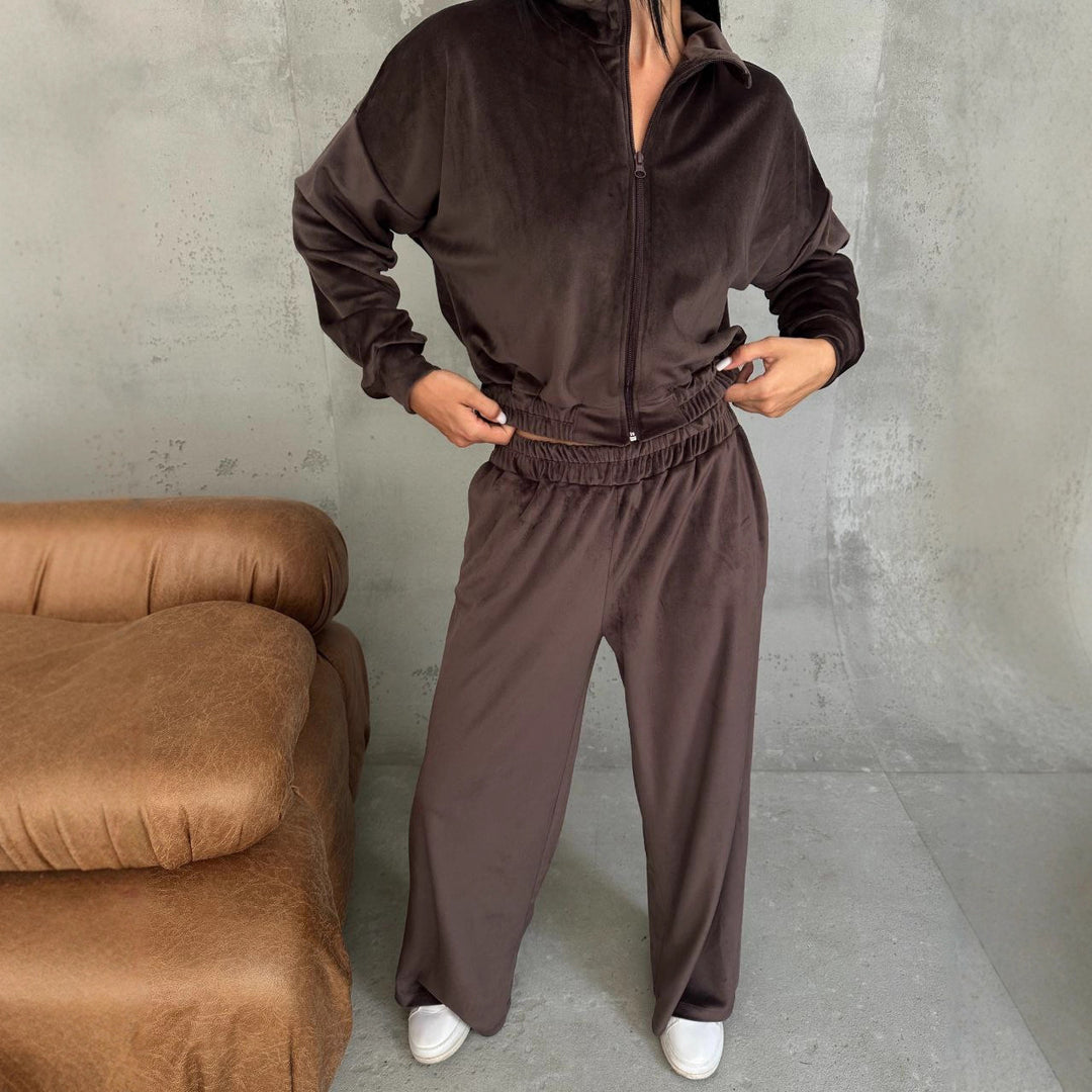 Damen Samt-Loungewear-Set mit kurzem Reißverschluss und geraffter Taillenpartie EB