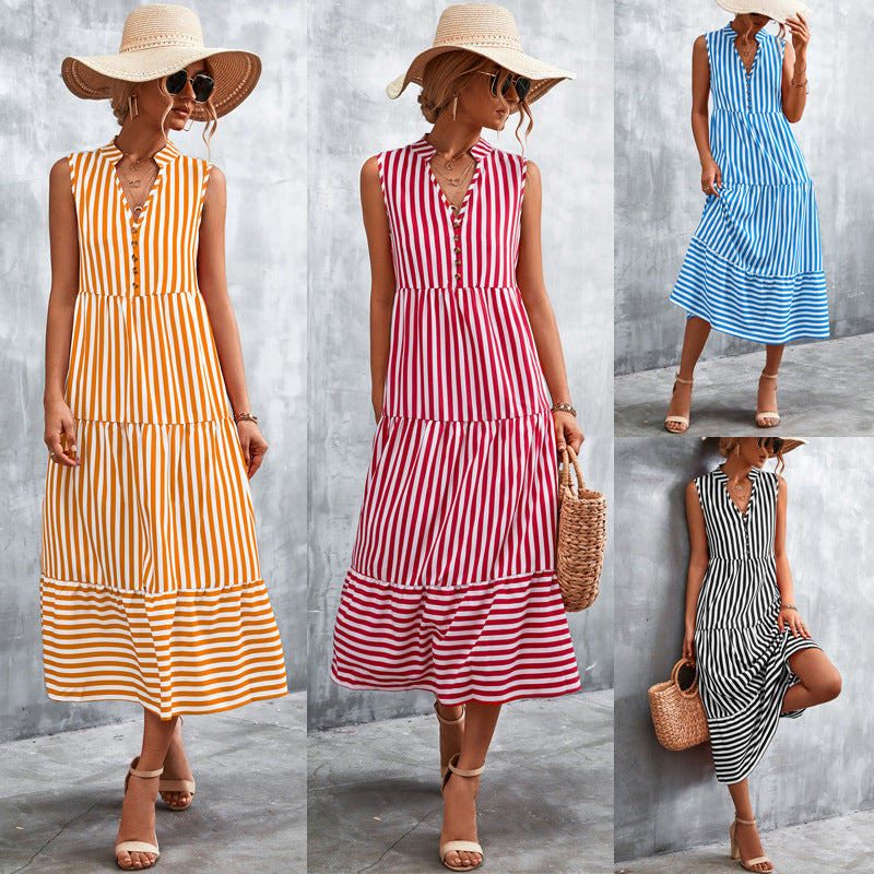 Damen Maxikleid mit gestreiftem Design, durchgehendem Knopfverschluss und voluminösem Saum EB