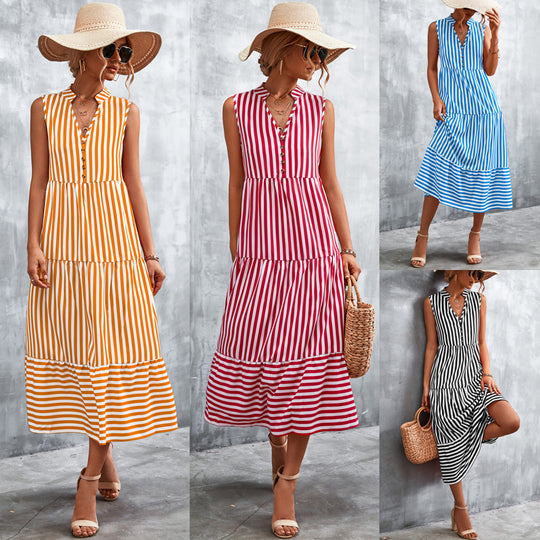 Damen Maxikleid mit gestreiftem Design, durchgehendem Knopfverschluss und voluminösem Saum EB